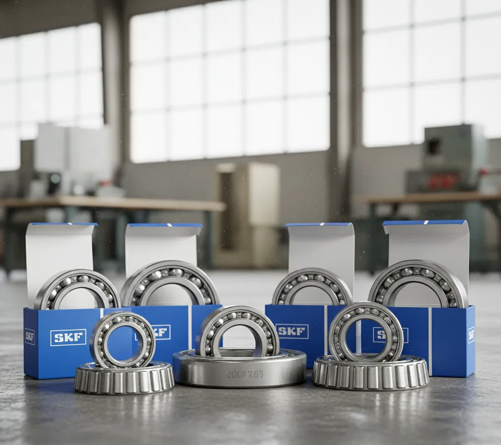 Balero SKF de distintos tipos, algunos en sus cajas azules con logo, organizados en primer plano en un entorno industrial
