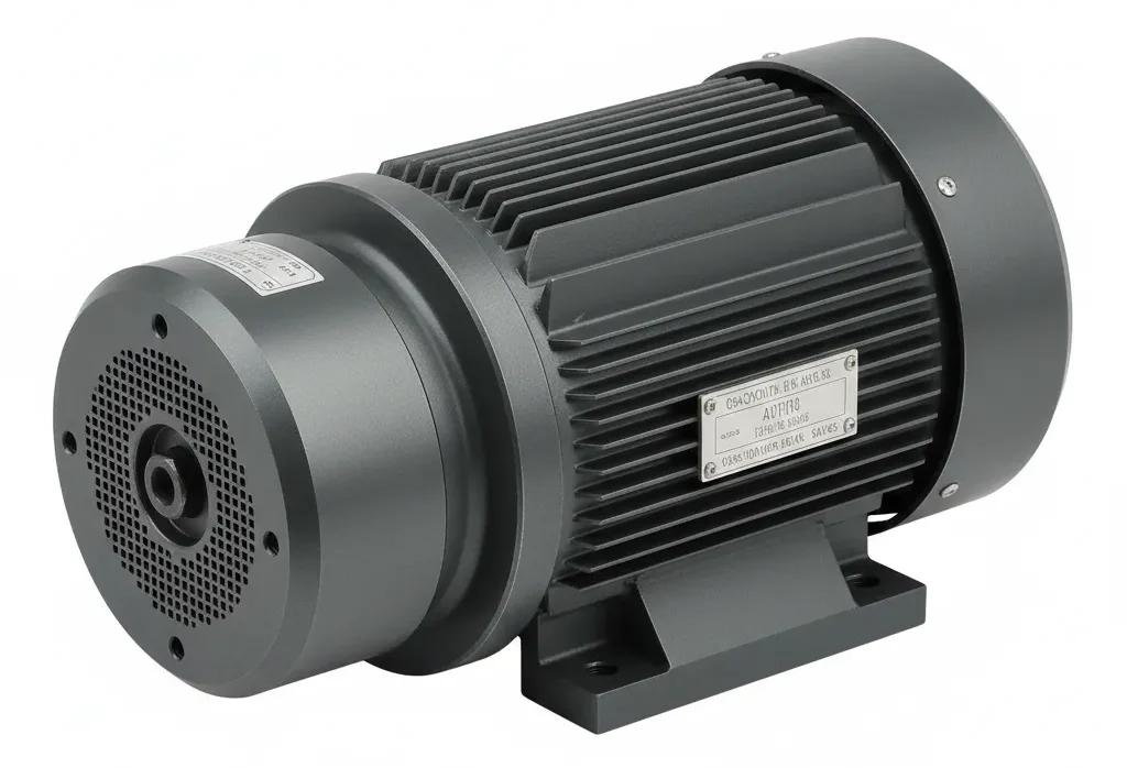 Motorreductores de corriente alterna, color gris oscuro, con carcasa de aluminio estriada sobre fondo blanco