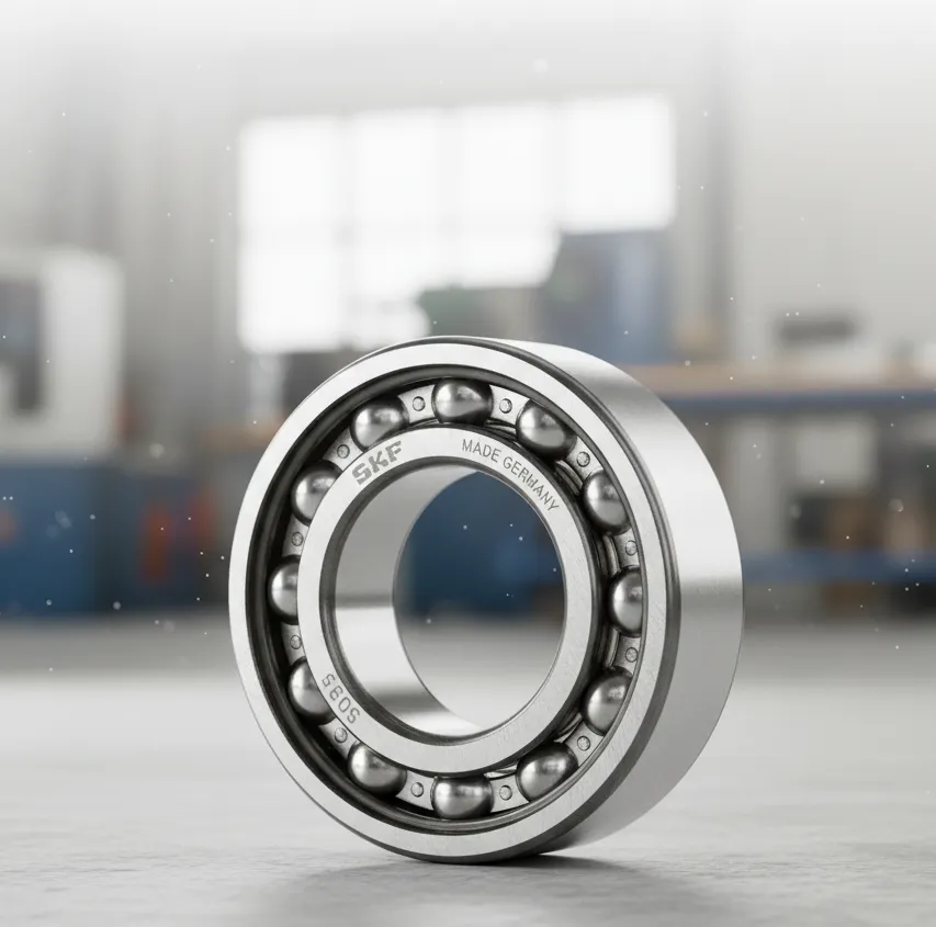 Un balero SKF de bolas vista de cerca, con la marca "SKF" y "MADE GERMANY" grabado, apoyado sobre una superficie clara