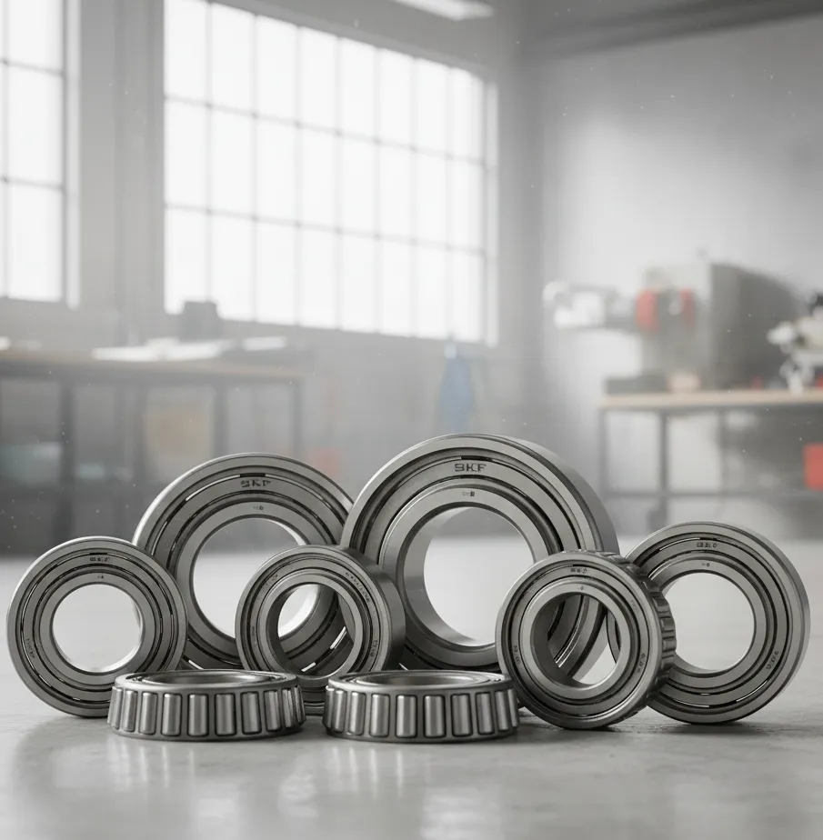 balero SKF en grupo, incluyendo baleros de bolas y baleros cónicos, organizados en diferentes tamaños