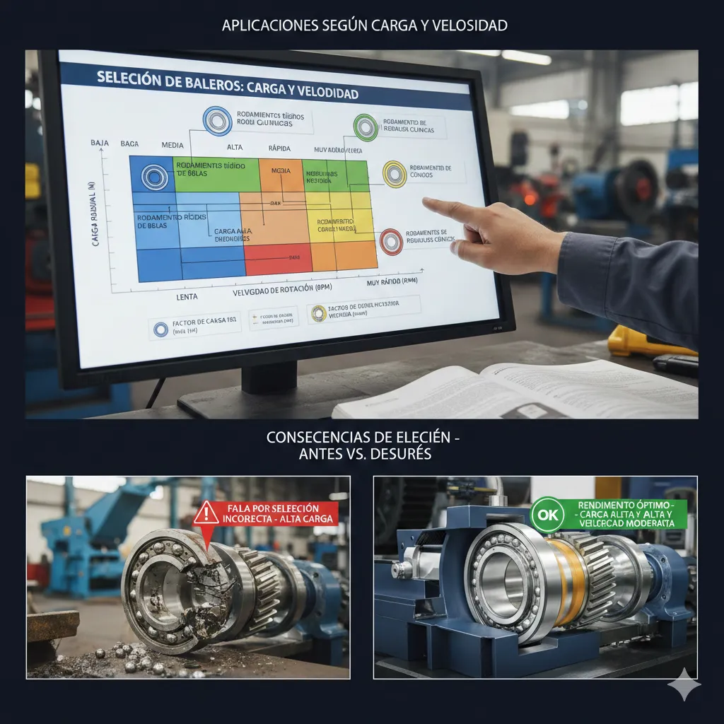 Fotografía de una estación de trabajo con un manual y un monitor que explica la selección de baleros. La parte inferior destaca la diferencia entre un rodamiento de bolas destruido por exceso de carga y un sistema de engranajes con el rodamiento adecuado funcionando correctamente.
