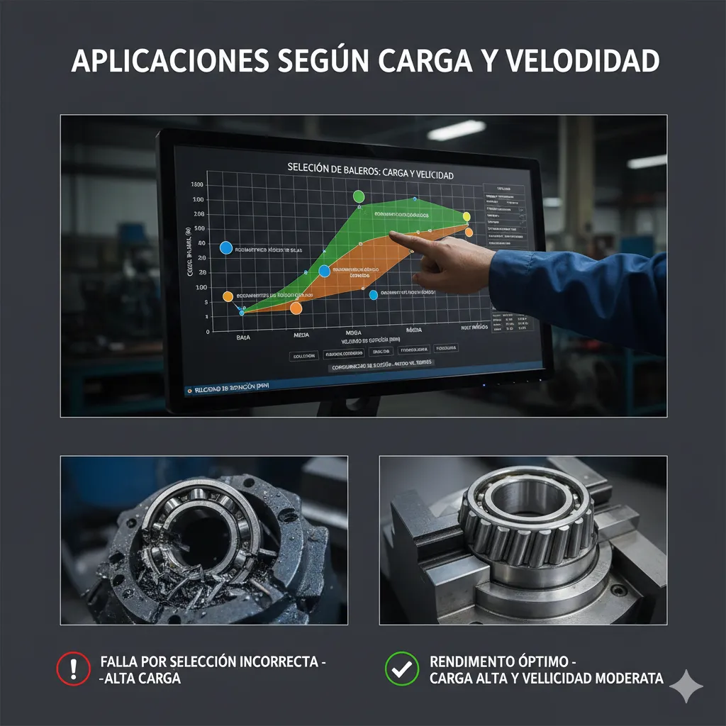 Un monitor de computadora en un taller industrial mostrando un gráfico avanzado de selección de baleros. Debajo, dos recuadros comparan visualmente una falla catastrófica por sobrecarga frente a un montaje de rodamiento cónico con rendimiento óptimo en carga alta.
