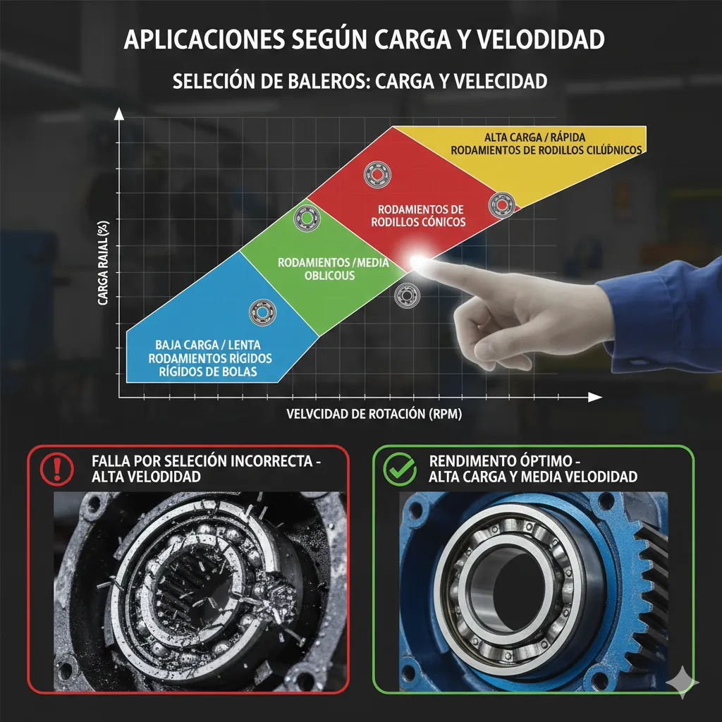 Infografía que muestra un gráfico de carga radial vs. velocidad de rotación. Divide los tipos de rodamientos en cuatro zonas. Incluye fotos comparativas de un rodamiento fallado por alta velocidad y uno con rendimiento óptimo.