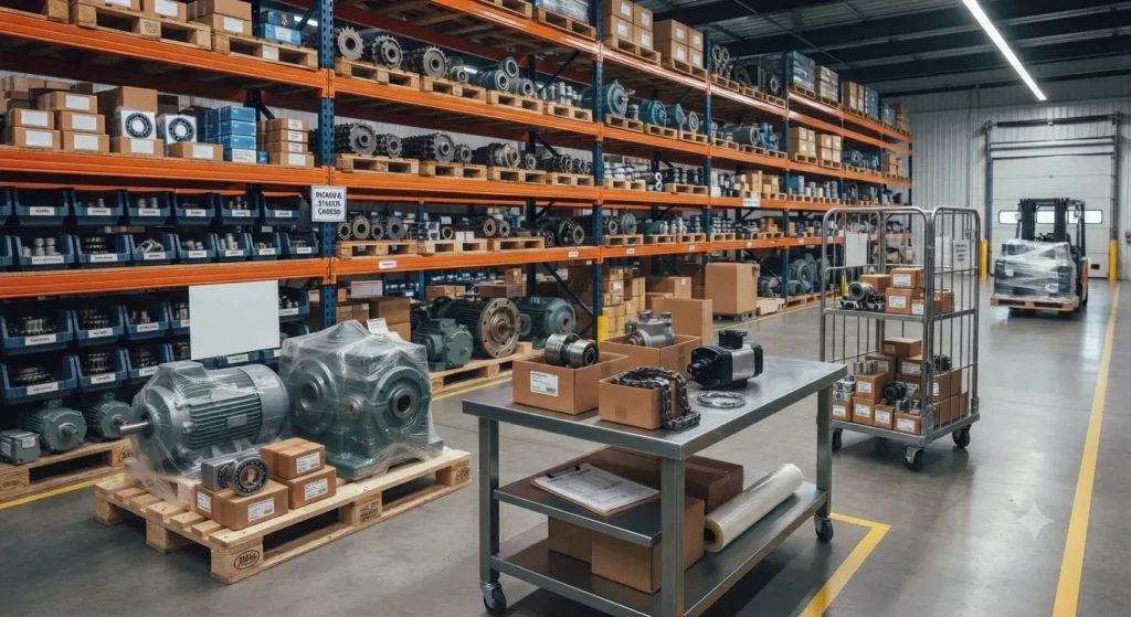 Foto de bodega de ATI Refacciones con transmisiones industriales y demás equipo necesario para la industria