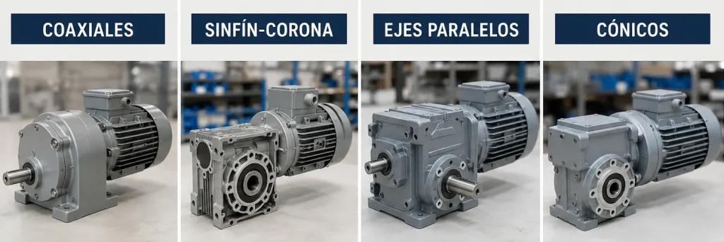 Fotografía de cuatro de los diferentes tipos de motorreductores que manejamos en ATI Refacciones