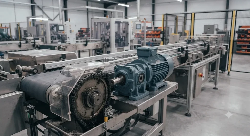 Foto de uno de los motorreductores de ATI Refacciones instalado a una linea de producción industrial